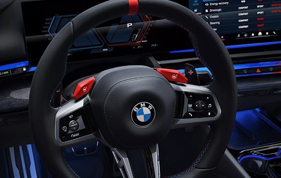 Close-up view of BMW M5 Touring steering wheel. | Tom Bush BMW Orange Park in Jacksonville FL