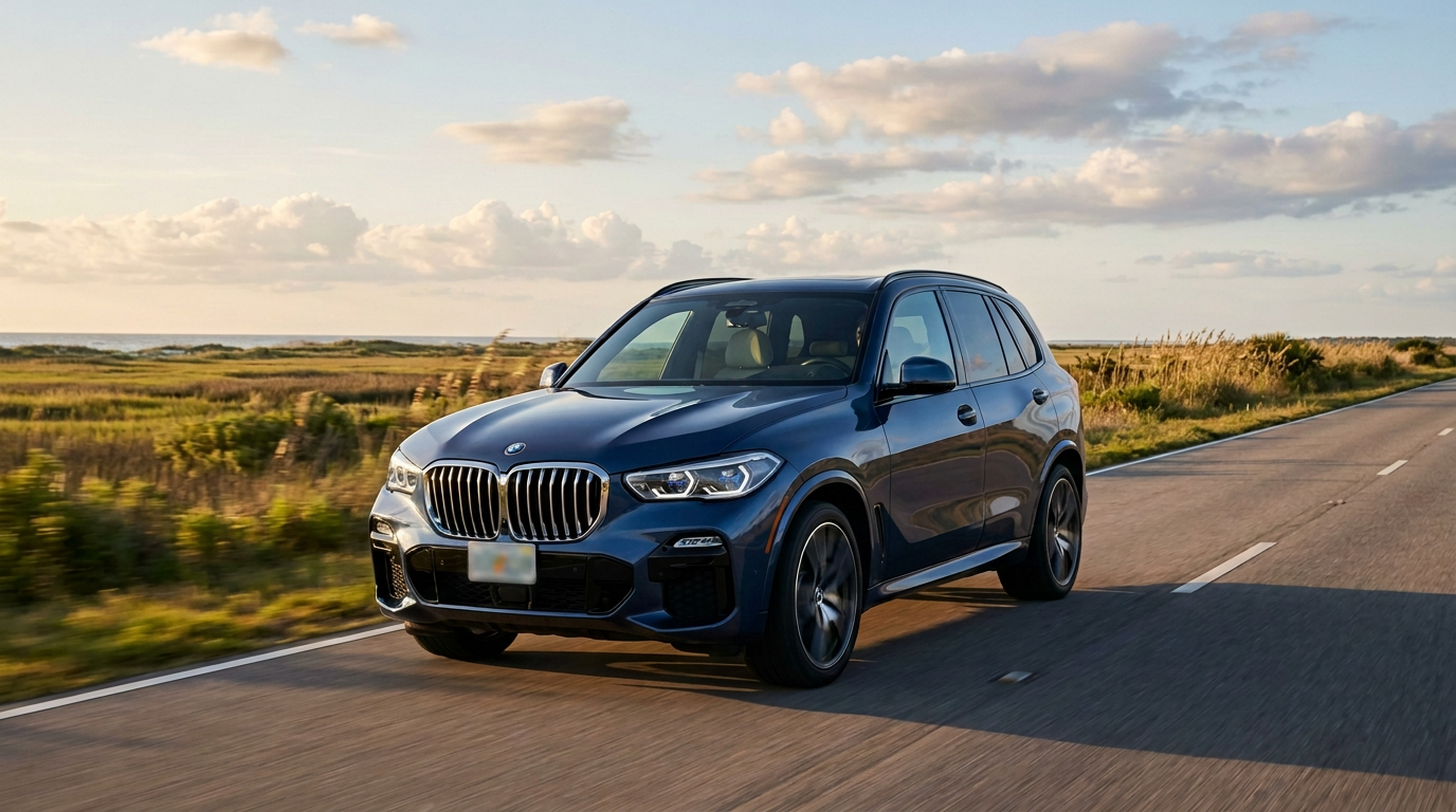 New BMW X5 driving a coastal highway near Jacksonville, Florida at golden hour