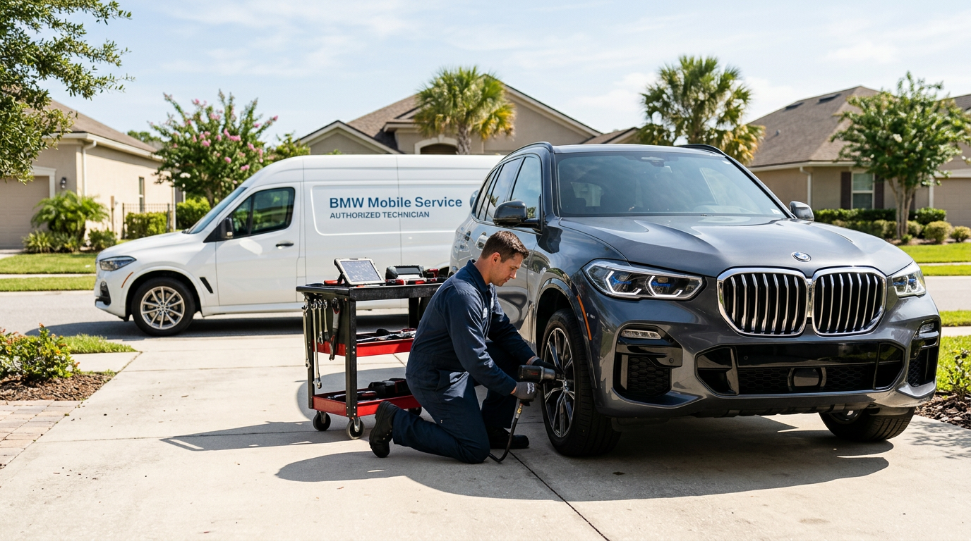 Tom Bush BMW ServiceMobile technician performing maintenance on a BMW X5 at a customer home