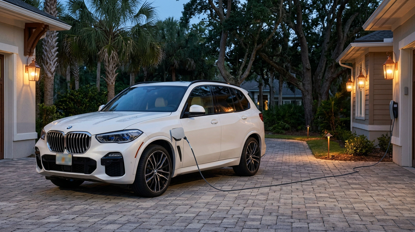 BMW X5 xDrive50e plug-in hybrid charging in the driveway of a Jacksonville home